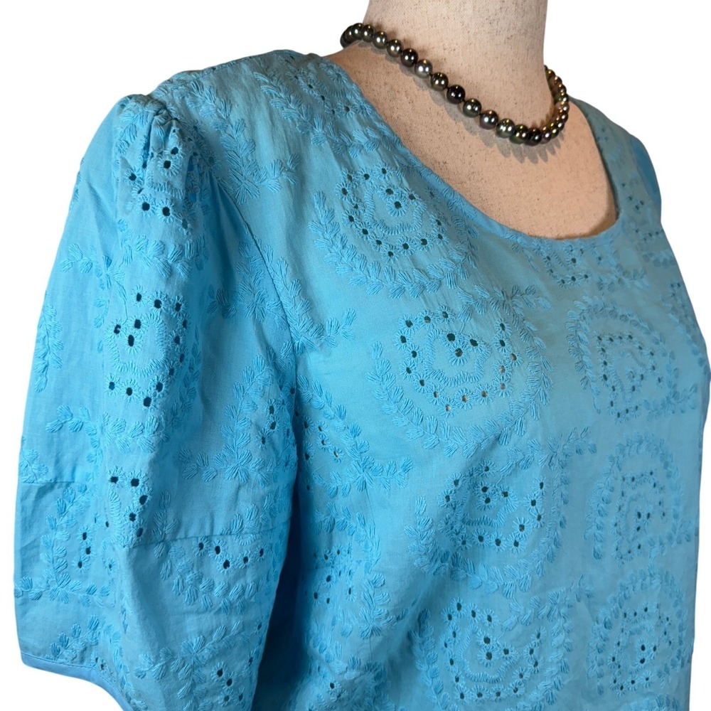 NEW Liz Claiborne Eyelet Embroidered Blouse Petite XL Puff Sleeve Blue Cotton